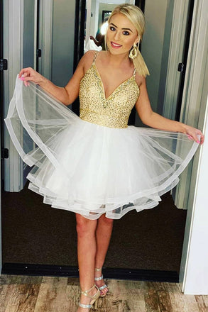 Multi-Tiered Gold Beaded Short Homecoming Dress, Straps V Neck Sweet 16 Dresses N2122