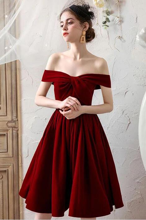 Burgundy Off the Shoulder Pleated Homecoming Dress, Knee Length Gradua cherishgirls Burgundy Off the Shoulder Pleated Homecoming Dress, Knee Length Gradua cherishgirls