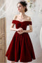 Burgundy Off the Shoulder Pleated Homecoming Dress, Knee Length Graduation Dresses UQ2191
