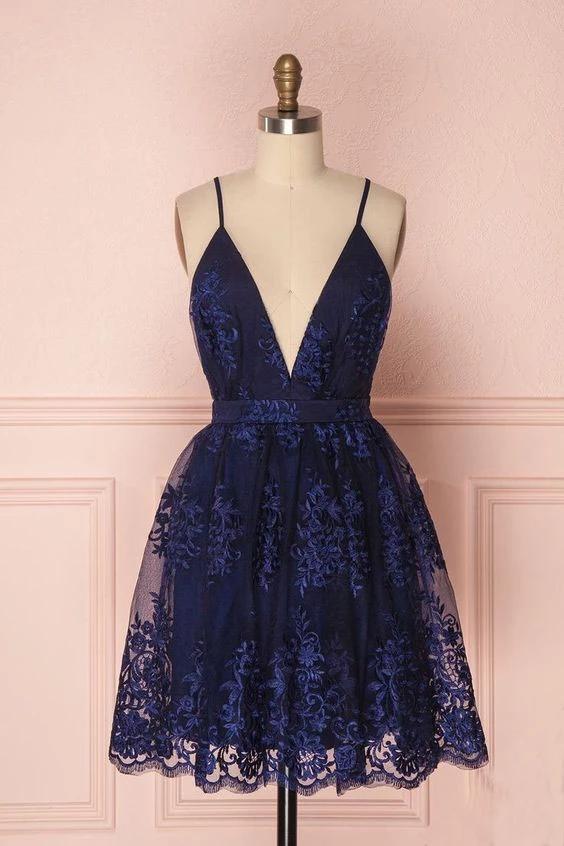 Navy Blue Deep V Neck Spaghetti Straps Homecoming Dresses, Short Lace Prom Dresses UQ1988