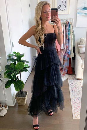 New A-line Layered Tulle Black Prom Dress, Sheer Corset Long Evening Dress CHP0088