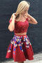 A Line Two Piece Red Off Shoulder Lace Applique Floral Short Homecoming Dresses UQ1821