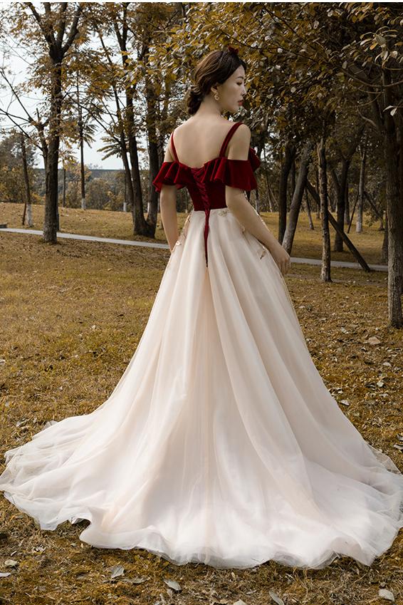 cherishgirl Vintage Red Straps Tulle Formal Dress, Elegant Applique Prom Dress chp0016