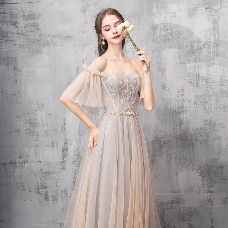 Elegant Off Shoulder Floor Length Tulle Prom Dress, Bridesmaid Dresses UQ2312