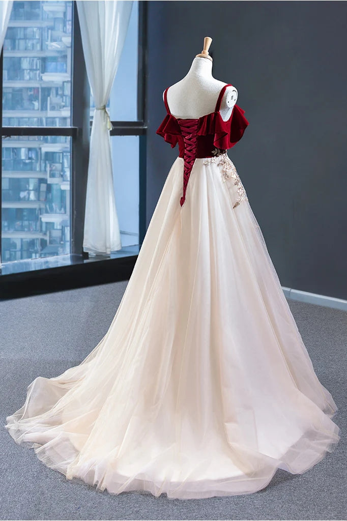 Red Straps Tulle Formal Dress,Vintage Applique Prom Dress,Formal Evening Gown CHP0160