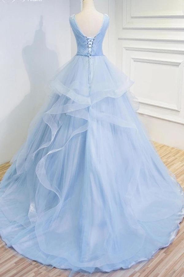 Puffy V Neck Sleeveless Tulle Prom Dress with Appliques, Long Quinceanera Dress UQ2518