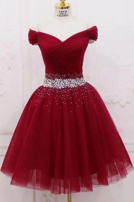 Burgundy Off the Shoulder Tulle Homecoming Dress, A Line Graduation Dress with Beads N1956