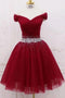 Burgundy Off the Shoulder Tulle Homecoming Dress, A Line Graduation Dress with Beads UQ1956