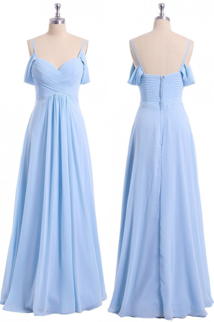 Light Sky Blue Off Shoulder Spaghetti Strap Chiffon Dresses, Floor Length Formal Dress N2057