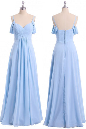 Light Sky Blue Off Shoulder Spaghetti Strap Chiffon Dresses, Floor Length Formal Dress N2057
