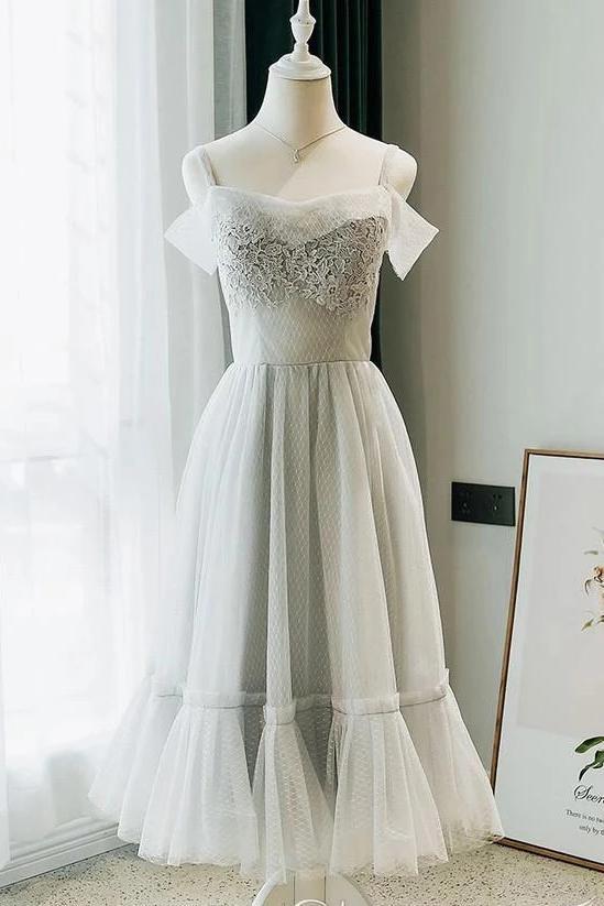 A Line Tea Length Off the Shoulder Homecoming Dresses with Lace Appliques N1957