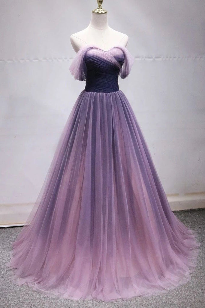Off the Shoulder Tulle Long Ombre Prom Dresses, Princess Formal Gown N2310