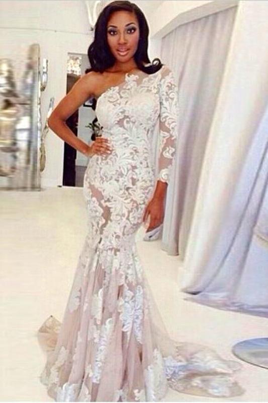 One Shoulder Long Sleeve Tulle Lace Mermaid Wedding Dresses with Sweep Train N1780