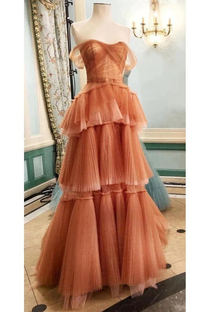 Orange Off The Shoulder Tulle Tiered Long Prom Dress, A Line Evening Gown CHP0220