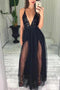 Sexy Black Sequins And Tulle Spaghetti Straps Deep V Neck Simple Long Prom Dress UQ2516