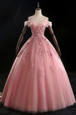 Pink Ball Gown Off Shoulder Tulle Prom Dress with Flowers, Floor Length Applique Quinceanera Dress N2411