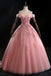 Pink Ball Gown Off Shoulder Tulle Prom Dress with Flowers, Floor Length Applique Quinceanera Dress N2411