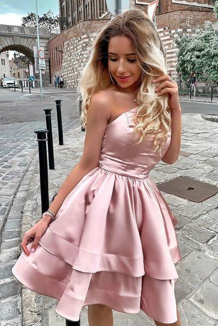Pink Satin Strapless Two Layers Short Homecoming Dress, A Line Simple Prom Gown N2152