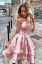 Pink Satin Strapless Two Layers Short Homecoming Dress, A Line Simple Prom Gown UQ2152