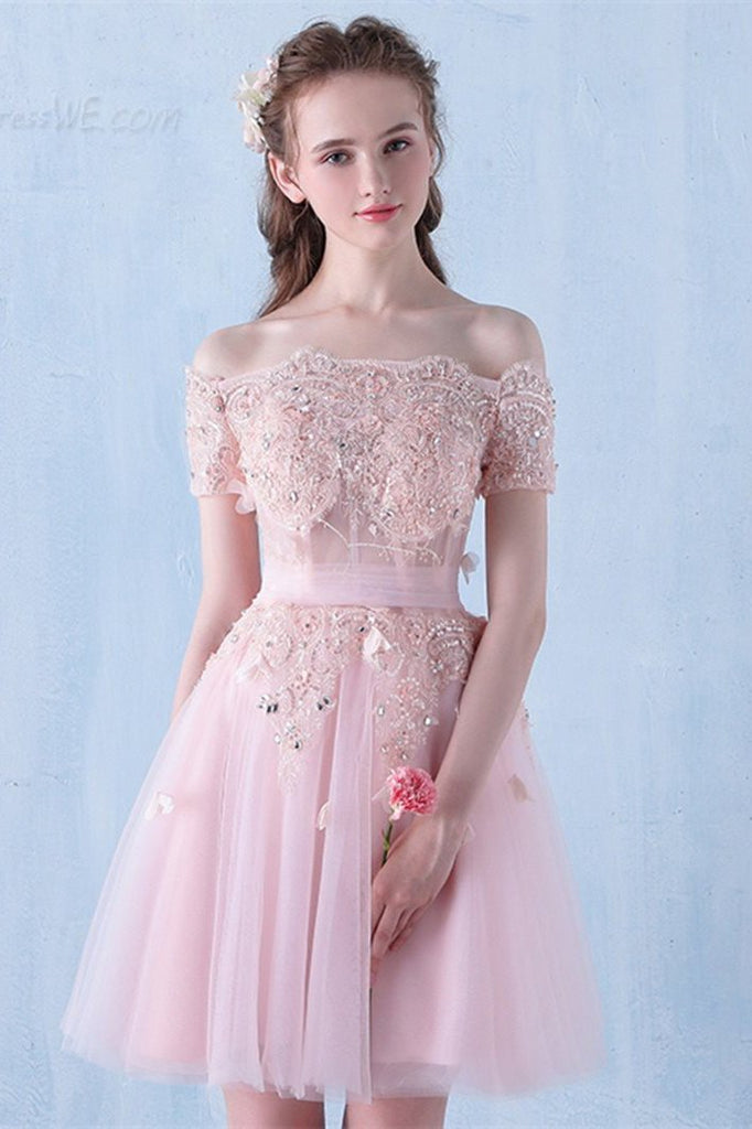 Pink Off the Shoulder Tulle Short Prom Dress with Beading, A Line Home cherishgirls Pink Off the Shoulder Tulle Short Prom Dress with Beading, A Line Home cherishgirls