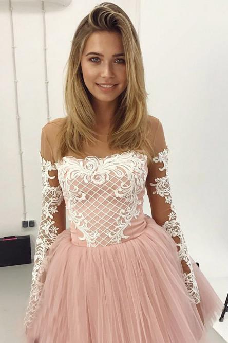 A-Line Sheer Neck Long Sleeves Pink Tulle Homecoming Cocktail Dress with Appliques UQ1900