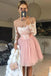 A-Line Sheer Neck Long Sleeves Pink Tulle Homecoming Cocktail Dress with Appliques UQ1900