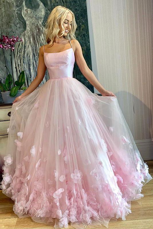 Pink Tulle Spaghetti Straps Sweet 16 Prom Dress, Floor Length Tulle Formal Dress UQ2044