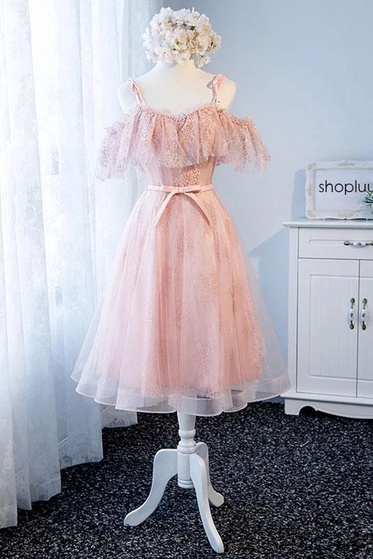 A Line Pink Tulle Lace Homecoming Dress, Cute Short Prom Gown with Pearls N2190