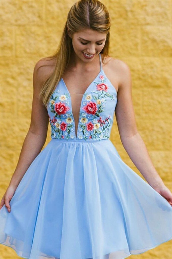 Popular Sexy Deep V-neck Spaghetti Straps Chiffon Homecoming Dresses w cherishgirls Popular Sexy Deep V-neck Spaghetti Straps Chiffon Homecoming Dresses w cherishgirls