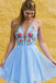 Popular Sexy Deep V-neck Spaghetti Straps Chiffon Homecoming Dresses with Appliques N1882