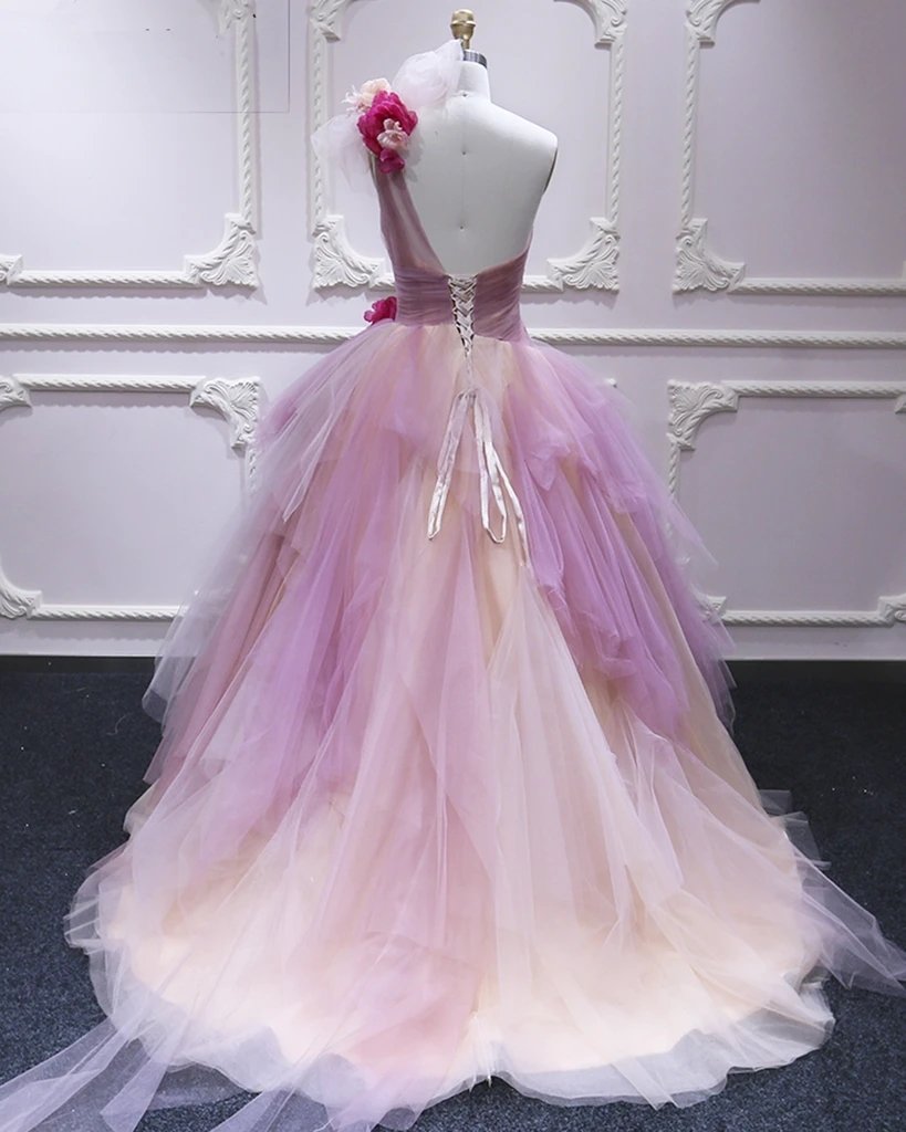 Puffy One Shoulder Sleeveless Tulle Prom Dress with Flowers, Ruffles Quinceanera Dress chp0023