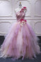 Puffy One Shoulder Sleeveless Tulle Prom Dress with Flowers, Ruffles Quinceanera Dress chp0023