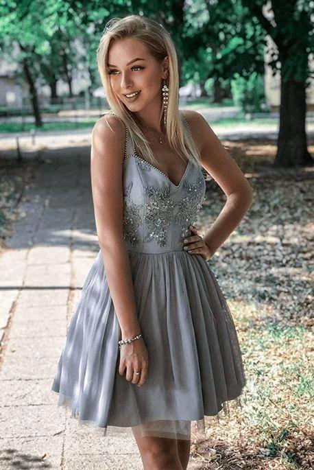 A-Line Straps Above-Knee Ruched Homecoming Dress with Appliques Beadings UQ2048