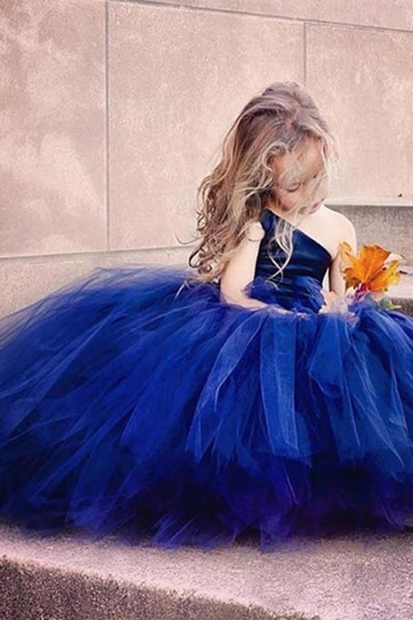 Cute Navy Blue Tulle Ball Gown One Shoulder Flower Girl Dresses UQF0004