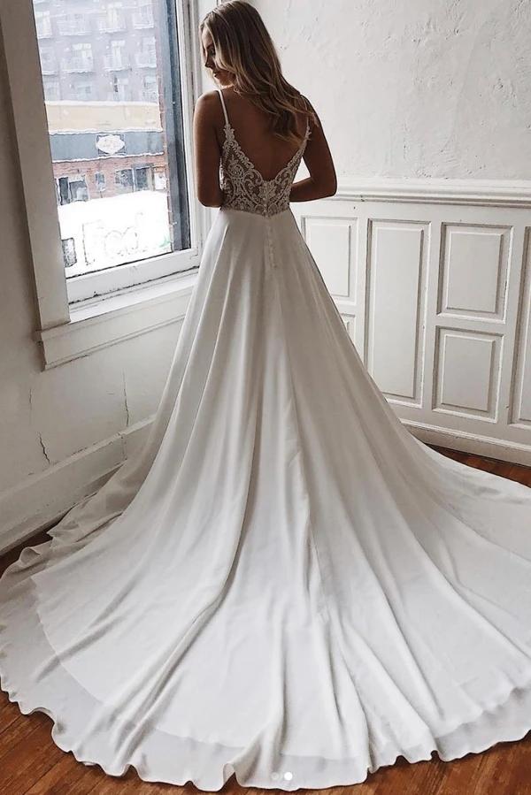 Simple A-line Ivory V-neck Spaghetti Straps Long Wedding Dress chw0030