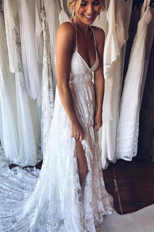 Ivory Spaghetti Strap Lace Open Back Side Split Long Beach Wedding Dresses chw0031