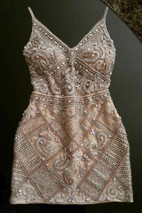 Sheath Spaghetti Straps Beading Homecoming Dresses,Short V Neck Cocktail Dress UQ1935