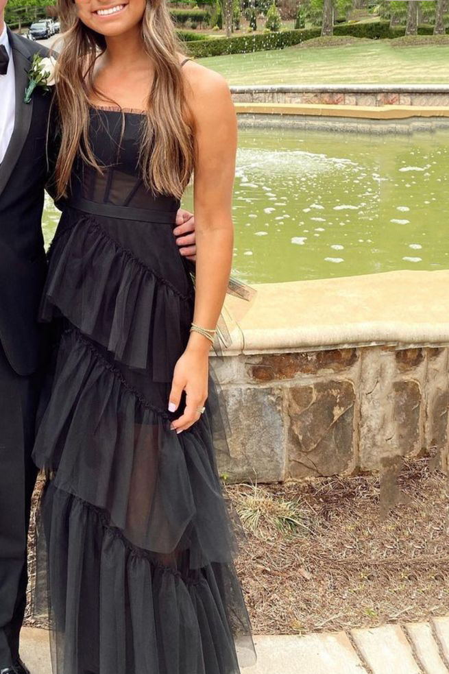 New A-line Layered Tulle Black Prom Dress, Sheer Corset Long Evening Dress CHP0088