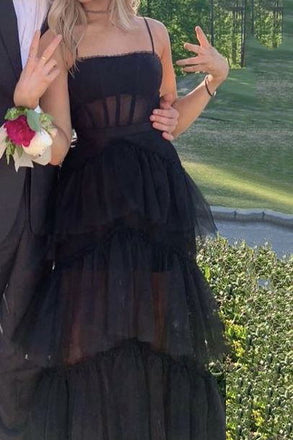 New A-line Layered Tulle Black Prom Dress, Sheer Corset Long Evening Dress CHP0088