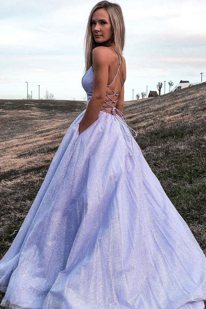 Shiny Lavender A Line Prom Dress with Pocket, Sparkly Formal Evening Dress chp0041