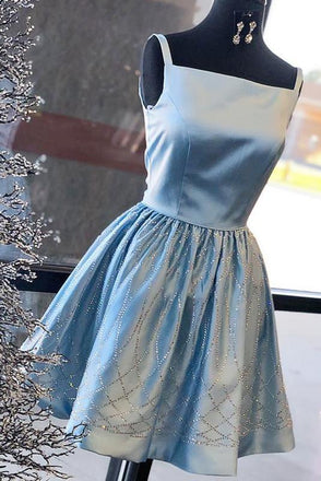 Shiny Blue Satin Beading Square Neck Sleeveless Homecoming Dress, Knee Length Prom Dress UQ1825