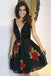 Black Deep V Neck Lace Junior Homecoming Dresses with Flowers, Sexy Lace Black Dress UQ1868