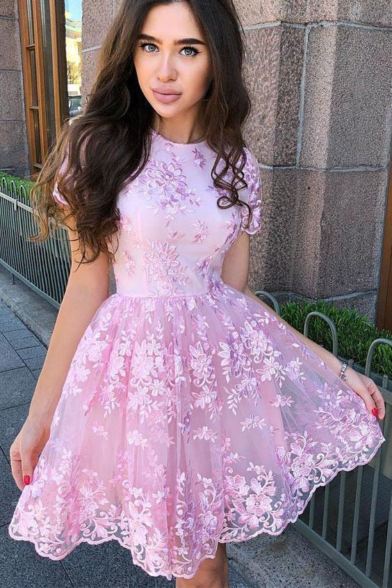 A Line Short Sleeves Short Pink Homecoming Dresses with Lace Appliques cherishgirls A Line Short Sleeves Short Pink Homecoming Dresses with Lace Appliques cherishgirls