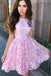 A Line Short Sleeves Short Pink Homecoming Dresses with Lace Appliques N1863