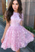 A Line Short Sleeves Short Pink Homecoming Dresses with Lace Appliques UQ1863