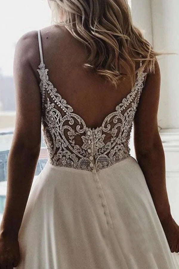 Chiffon A-Line V-Neck Lace Spaghetti Straps Beach Wedding Dresses,Simple Bridal Gown CHW0141