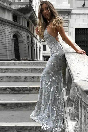 Shiny Fashion Mermaid V Neck Gray Tulle Prom Dresses Party Gowns Evening Dress CHP0061