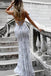 Shiny Fashion Mermaid V Neck Gray Tulle Prom Dresses Party Gowns Evening Dress CHP0061