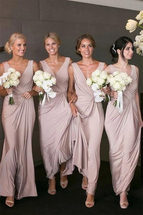Simple Dusty Pink V-neck Long Bridesmaid Dresses, Maid of Honer Dress chb0013
