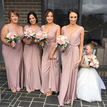Simple Dusty Pink V-neck Long Bridesmaid Dresses, Maid of Honer Dress chb0013